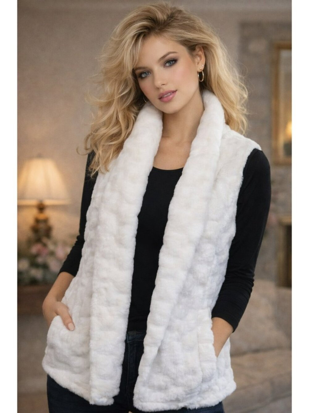 Inner Purpose Cozy Vest Womens Medium Jet Stream White Open Front